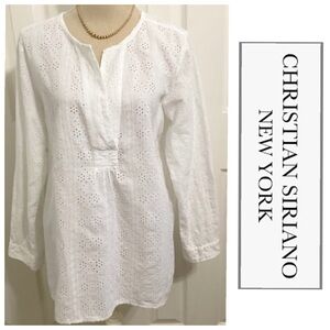 Christian Siriano New York, White Open Eyelit Patterned V Neckline Top